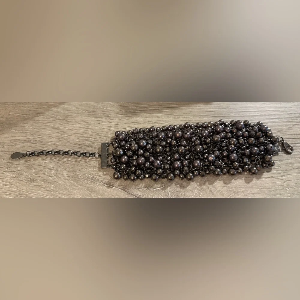 #715 Gunmetal Beaded Statement Bracelet Multi Strand Vintage Style‎